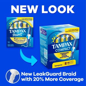 Tampax Compact Pearl Tampons Multipack, with LeakGuard Braid & Extendable Applicator, Regular/Super Absorbency, Compact Extendable Applicator, Unscented, 45 Count