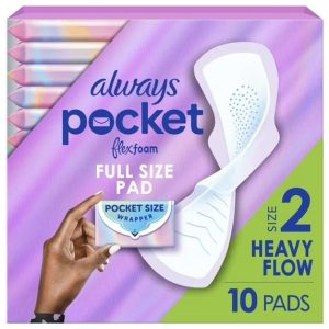 Always Pocket Feminine Pads with FlexFoam, Size 2, Heavy Flow, with Wings, Unscented, 10 Count